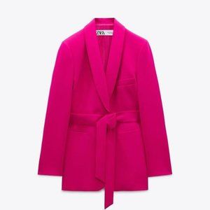 ZARA BELTED TUXEDO COLLAR BLAZER NEON FUSCHIA